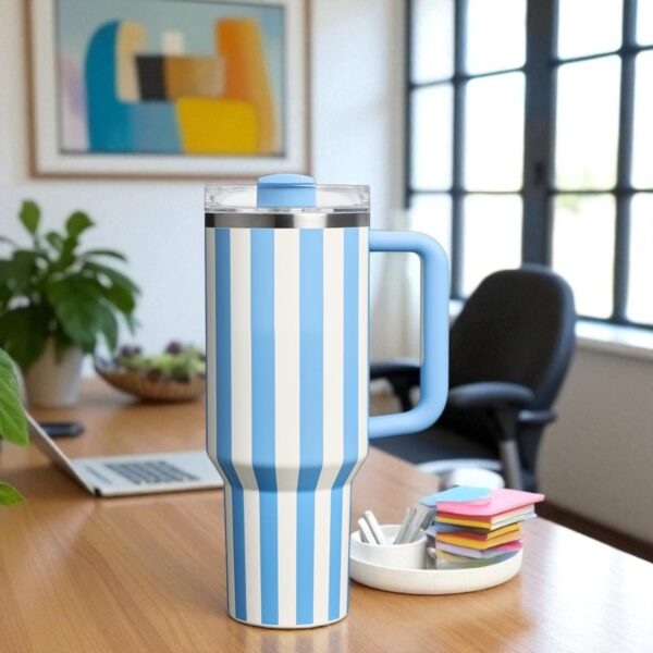 1200ml Blue Stripes Insulated Travel Tumbler with Handle and Straw Stainless Steel