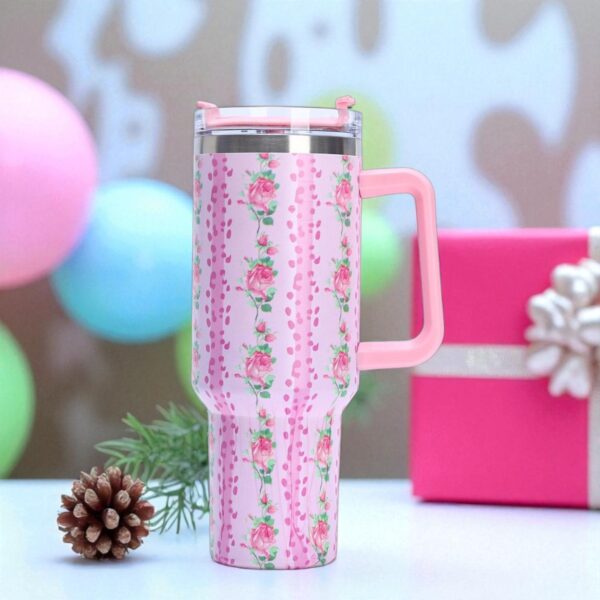 1200ml Floral Pink Insulated Travel Tumbler with Handle and Straw Stainless Steel